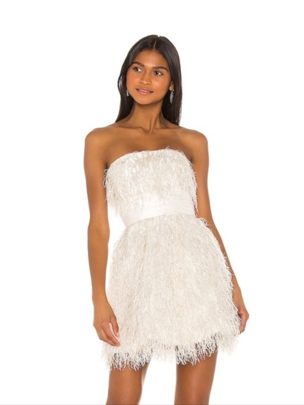 JayGodfrey Ivory Strapless Metallic Feather Detail Remi Mini Dress Bridal